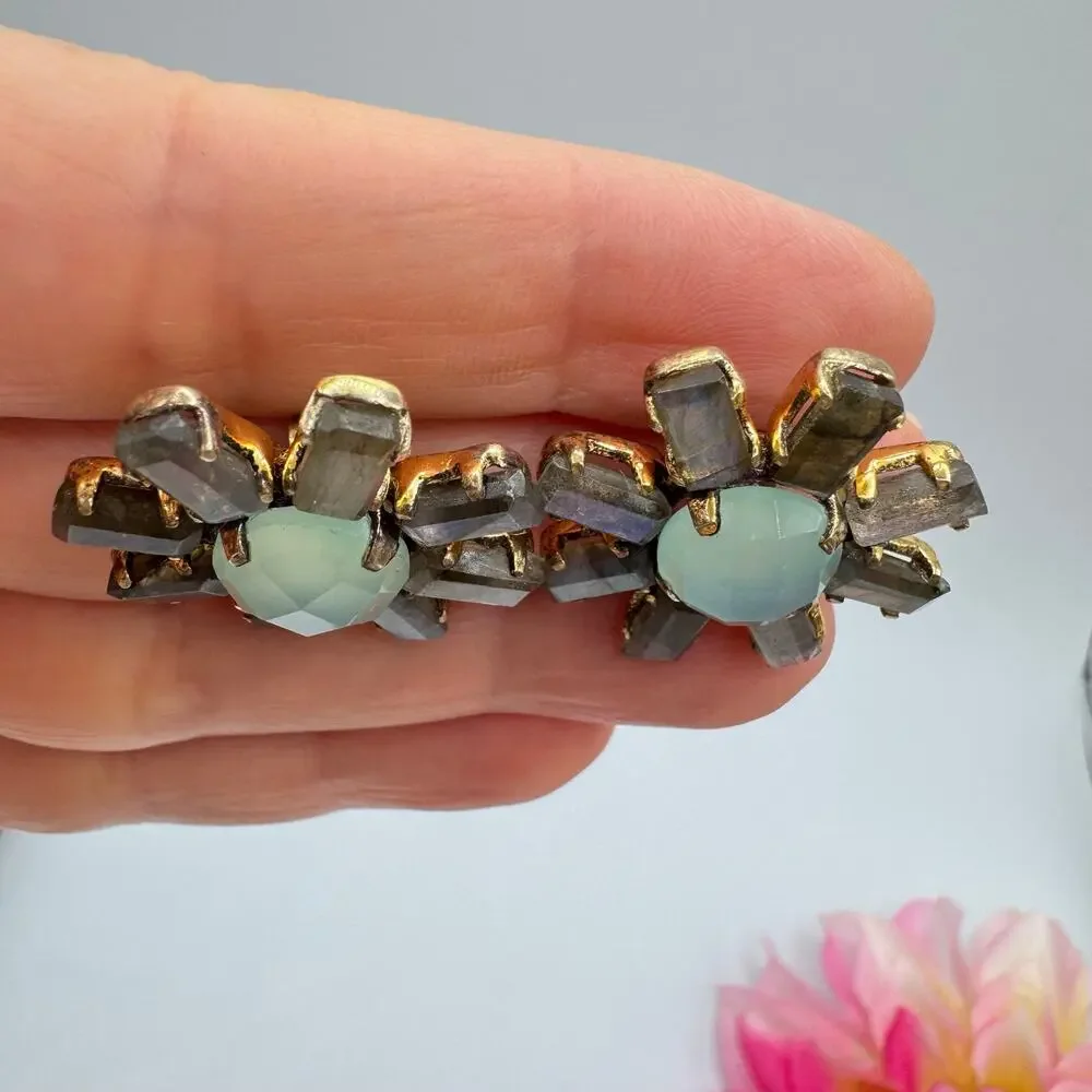 Labradorite Baguette Faceted Chalcedony 925 Sterling Silver Sunburst Earrings - Picture 6 of 14